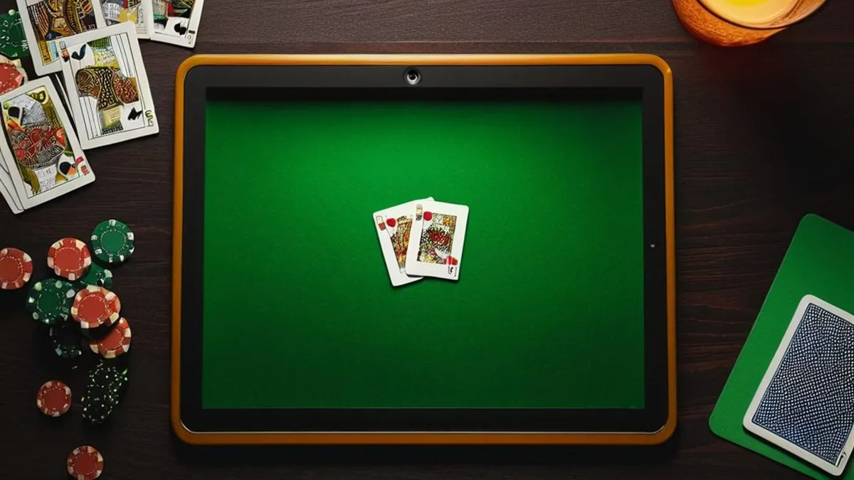 Tablet con una mesa de cartas verde en pantalla rodeada de naipes y fichas