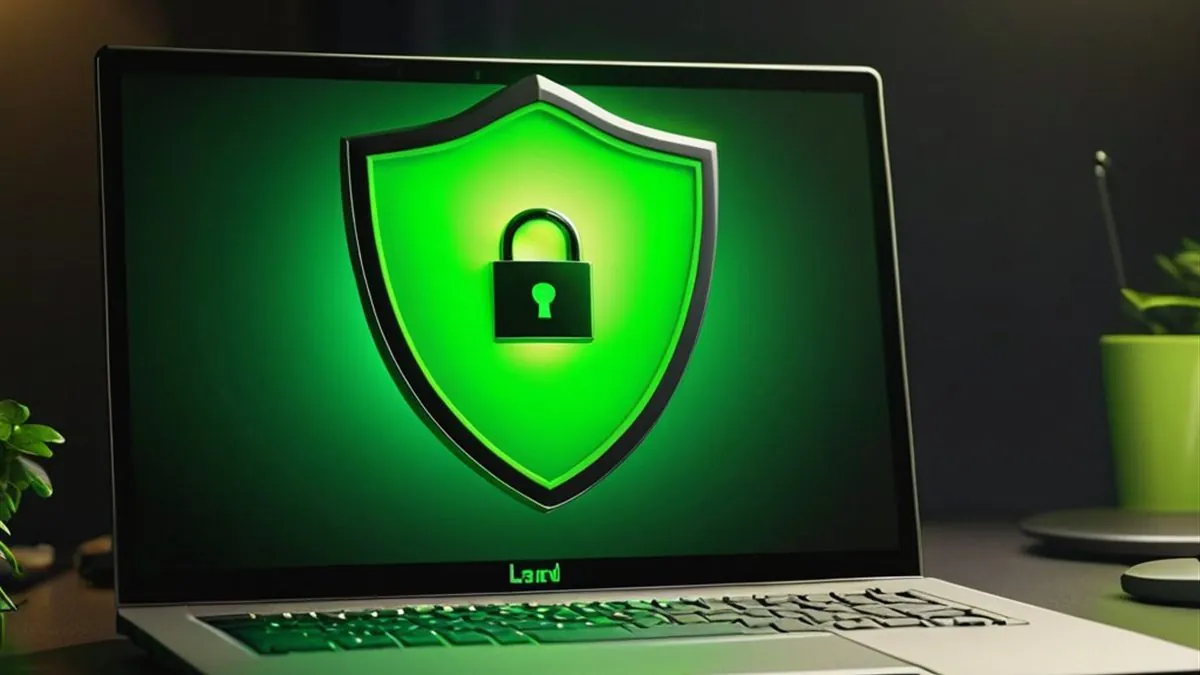 Laptop con un escudo verde y un candado en la pantalla sobre un escritorio
