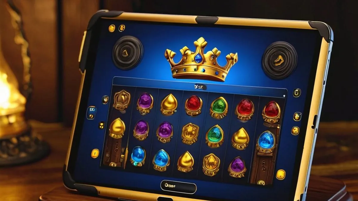 Tablet con una tragamonedas de coronas doradas y gemas de colores sobre una base de madera