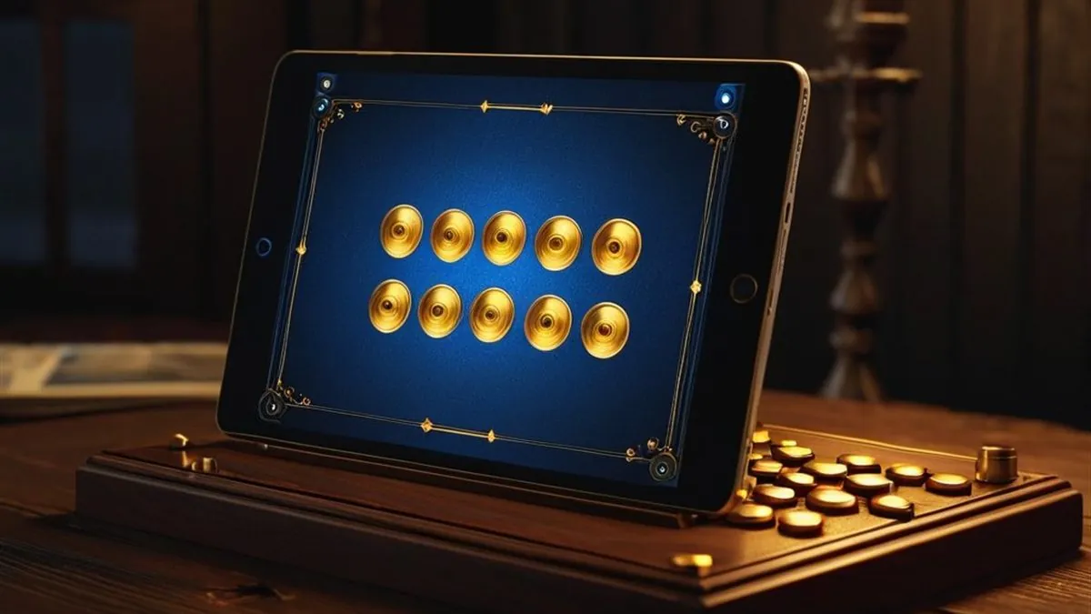 Tablet con una cuadrícula de monedas doradas en pantalla azul sobre un escritorio de madera