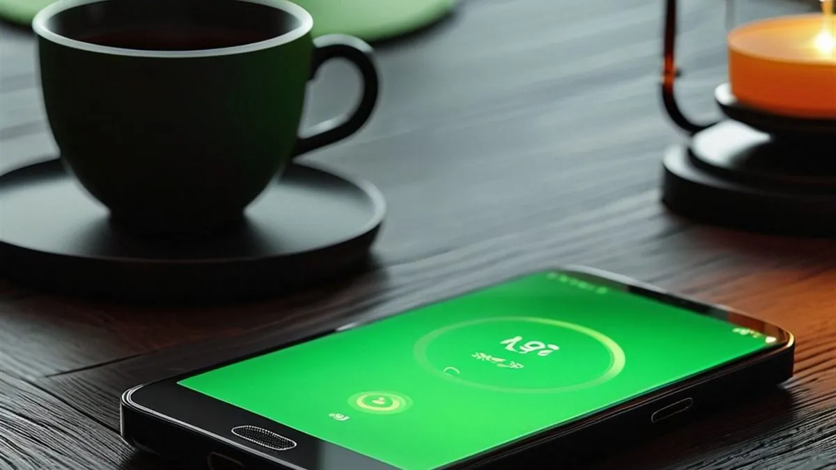 Celular con pantalla verde junto a una taza de té y un reloj de arena sobre la mesa