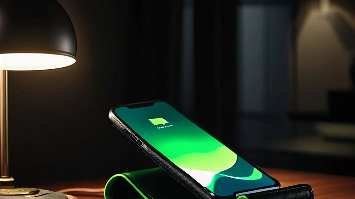 Celular con pantalla verde apoyado en una cartera junto a una lámpara de escritorio