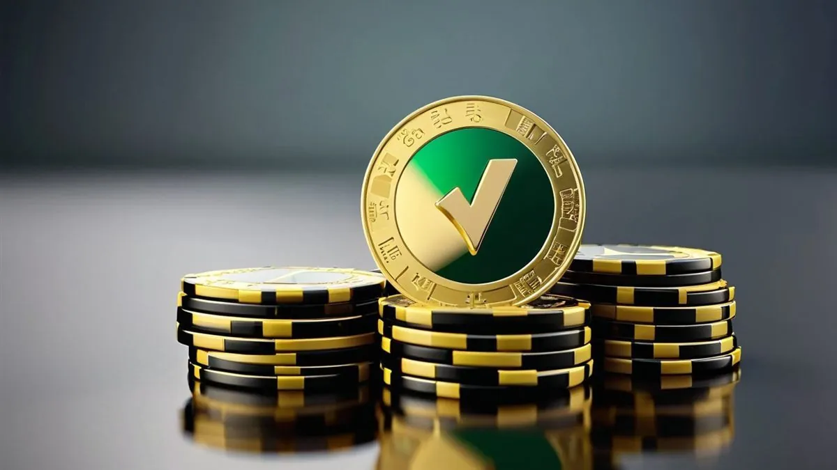 Insignia dorada con marca de verificación junto a fichas de casino en 3D sobre fondo degradado