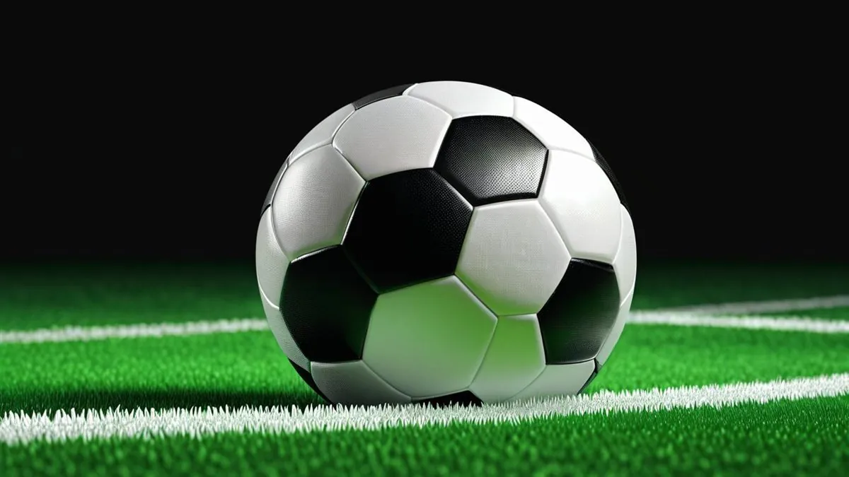 Balón de fútbol clásico sobre una línea blanca de cancha en 3D sobre fondo degradado