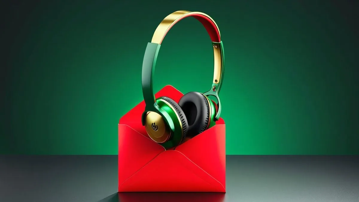 Auricular dorado y sobre de correo en 3D sobre fondo degradado