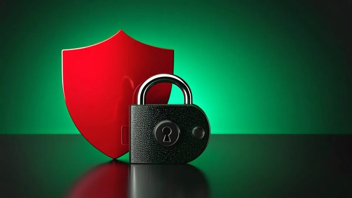 Candado rojo junto a un escudo con signo de alerta en 3D sobre fondo degradado